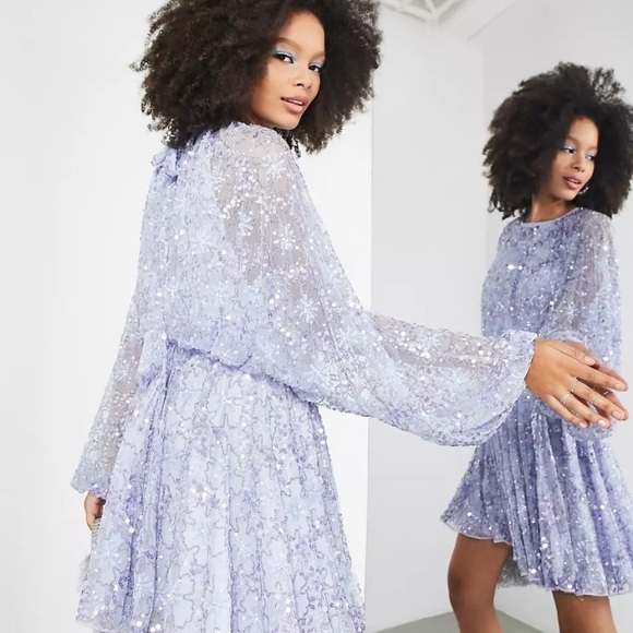 ASOS EDITION waisted blouson sleeve floral embellished mini dress in lilac - Picture 2 of 3